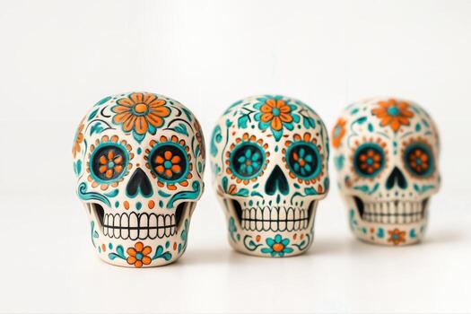 Colorful Sugar Skulls Arranged in a Line on a White Background Highlighting Intricate Floral Patterns, Captured in Soft Focus With Shallow Depth Of Field photo