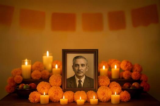 Day Of The Dead Altar Decorated With Marigold Flowers, Lit Candles, And A Framed Photograph Indoors, Creating A Warm And Respectful Atmosphere photo