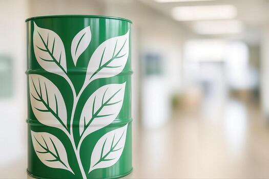 Decorative Oil Barrel In Contemporary Interior With White Leaf Design, Creating A Modern And Eco Friendly Aesthetic With Shallow Depth Of Field photo