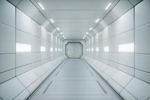 Futuristic Ship Corridor Featuring Sleek White Walls and Inbuilt Lighting Creating a Clean and High Tech Ambiance with a Long Perspective photo