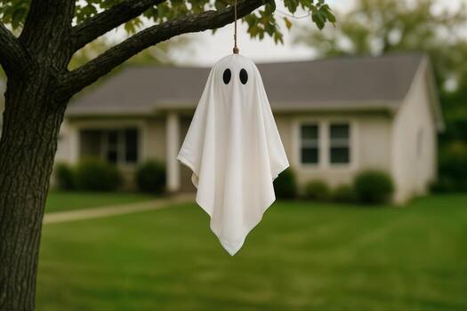 Halloween Yard Decor Featuring a Simple Ghost Hanging from a Tree in Front of a Suburban House on a Cloudy Day Outdoors with a Soft Background photo