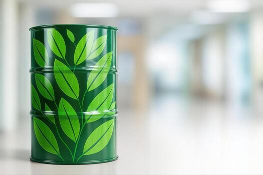Oil Barrel With Leaf Pattern Design Placed Indoors Against A Softly Blurred Background With Shallow Depth Of Field Creating A Focus On The Eco friendly Theme photo