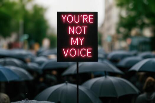 Protest With Neon Sign Amid Crowd Holding Umbrellas Outdoors During Daytime Capture With Shallow Depth Of Field Featuring Message You're Not My Voice photo