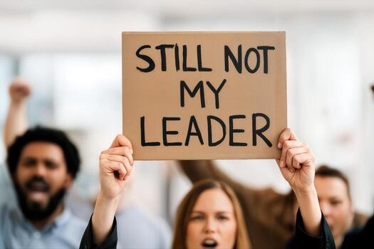 Protest Demonstration With People Holding Signs Indoors Displaying Political Messages In A Blurred Background Setting, Focusing On Civic Engagement And Activism photo