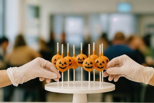 Pumpkin Cake Pops Displayed on a White Stand with Gloved Hands Setting the Arrangement in a Cozy Indoor Setting for a Halloween Theme Celebration photo