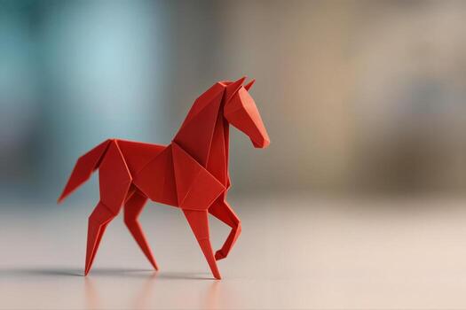 Origami Art Displaying a Red Horse Figurine on a Softly Lit Tabletop With Shallow Depth of Field Creating a Dramatic yet Minimalist Visual Focus photo