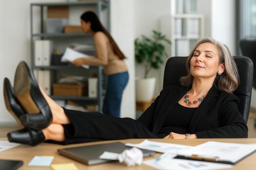Power Imbalance In The Workplace As An Executive Reclines With Feet On The Desk While An Intern Organizes Files In The Background, In A Bright Office With Shallow Depth Of Field photo