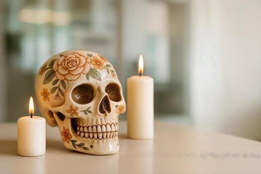 decorativo cráneo adornado con floral patrones siguiente a iluminado velas en un mesa en un suavemente iluminado interior ajuste con un borroso antecedentes foto