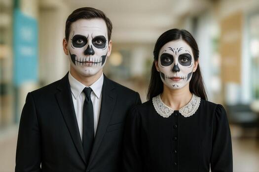 Couple Dressed in Formal Attire with Skull Face Paint Posing Indoors with Bright Natural Light and Shallow Depth of Field photo