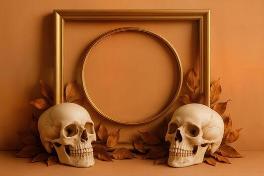 Decorative Composition of Two Skulls with Dried Leaves Arranged Around an Empty Golden Frame, Highlighting an Autumnal Setting in a Warm, Minimalist Style photo