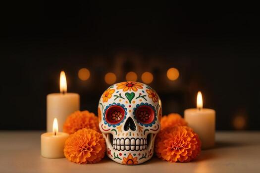 Day Of The Dead Altar With A Colorful Sugar Skull Surrounded By Candlelight And Marigold Flowers In A Dimly Lit Setting Creating A Festive And Respectful Atmosphere photo