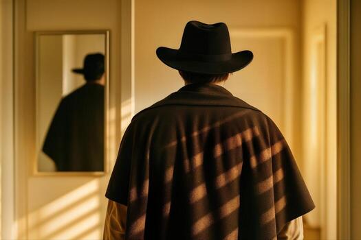 Mirror Reflection Indoors Focused on a Person Wearing a Hat and Coat with Sunlight Streaming Through a Window Creating Patterns on the Wall photo