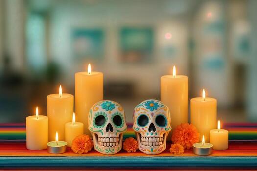 Vibrant Altar Display With Decorative Sugar Skulls And Candles For Day Of The Dead Celebration Indoors Creating A Festive Atmosphere photo