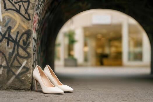 Abandoned White Stilettos Resting Against a Graffiti Covered Wall in an Urban Alley With a Blurred Storefront in the Background photo
