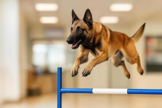 A Belgian Malinois Leaps Over A Blue And White Hurdle Indoors In A Training Environment With Shallow Depth Of Field Creating A Dynamic And Focused Scene photo