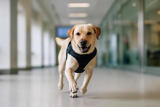 A Yellow Labrador Retriever Runs Energetically Through a Bright Airport Corridor, Wearing a Black Harness, Captured in Motion With Shallow Depth of Field photo