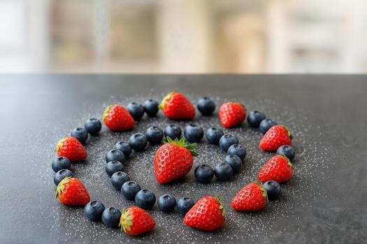 Spiral Arrangement of Fresh Strawberries and Blueberries on a Dark Surface in Natural Light Indoors With Shallow Depth Of Field photo