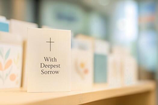 Sympathy Card Displayed On A Shelf In A Store With The Message With Deepest Sorrow And A Cross Symbol In A Softly Lit Environment With Shallow Depth Of Field photo