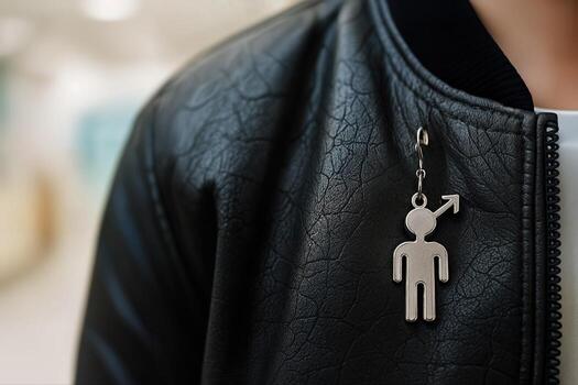 Masculinity Symbol Hanging on a Black Leather Jacket, Indoors, Captured Close Up With Focus on the Symbol, Blurred Background, With Shallow Depth Of Field photo