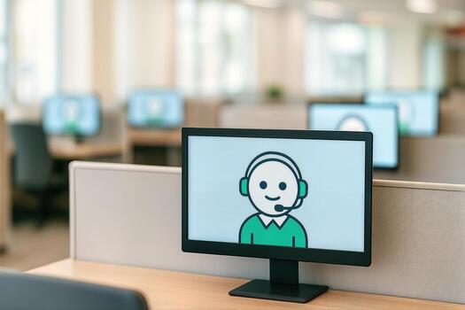 Chatbot Displayed on a Computer Screen in an Empty Office Setting with Rows of Desks and Monitors, Capturing a Modern and Minimalist Environment photo