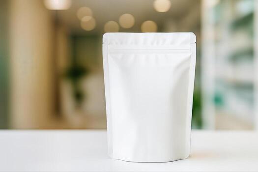 White Stand Up Pouch Displayed on a Modern Kitchen Counter with a Soft Focus Background and Bright Natural Lighting, Ideal for Packaging Mockup Uses photo