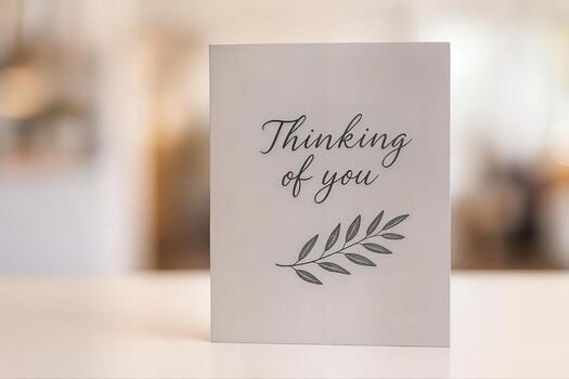 Condolence Card Displayed Upright on Table in Soft Indoor Setting Featuring Elegant Typography and Simple Leaf Design With Shallow Depth of Field photo