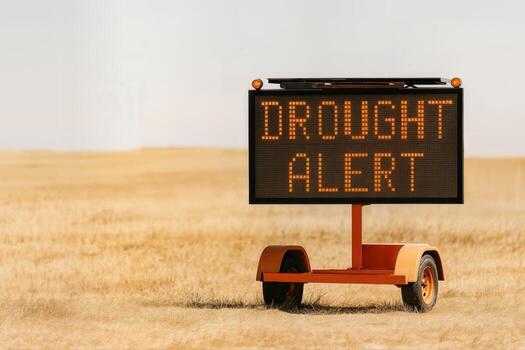 Drought Alert Sign Displayed on an Electronic Board in a Dry Field Under Clear Skies Highlighting Water Scarcity Issues in an Arid Region photo