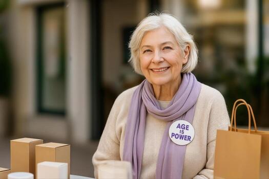 mayor abogado sentado al aire libre vistiendo 'edad es fuerza' botón y bufanda en medio de mesa con cajas en suave luz ajuste foto