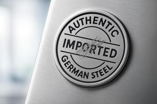 Kitchenware Label Displaying Authentic Imported German Steel On A Metallic Surface With A Closeup View In Soft Light Indoors photo