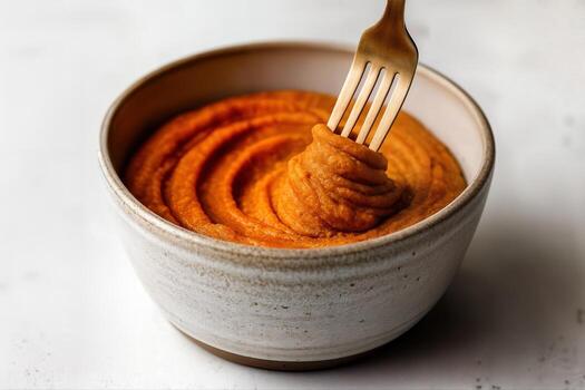 A Bowl of Sweet Potato Mash with a Fork Indoor in Closeup on a Plain Surface with Natural Light Highlighting the Creamy Texture photo