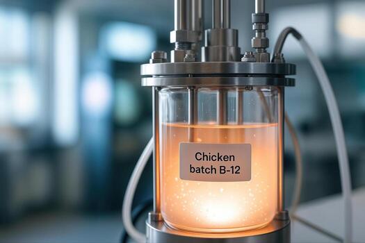 Bioreactor Containing Chicken Batch B 12 Glowing in a Laboratory Setting with Focus on the Vessel in a Well Lit Room With Blurred Background photo
