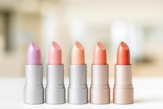 Gradient Lipstick Collection Displayed Neatly Indoors With a Variety of Vibrant Shades in Soft Lighting Creating a Warm and Inviting Presentation photo