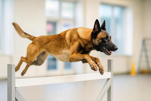 Belgian Malinois Leaping Over Obstacle Indoors During Agility Training With Blurred Background Giving A Sense Of Motion And Focus photo