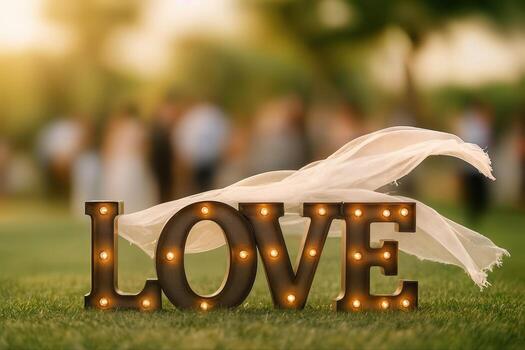 Love Marquee Sign Illuminated on Grass During Golden Hour with a Sheer Fabric Billowing in the Breeze and Blurred Crowd in the Background photo