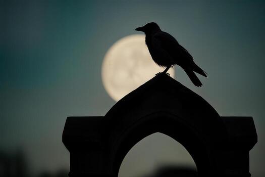 A Crow Silhouette Perched On A Gothic Arch With A Bright Full Moon In The Background, Creating An Eerie Nighttime Scene With Contrast And Mystery photo