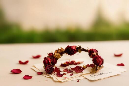 Petals Decorate Torn Pages of a Guestbook Laid on a Table with Rose Buds in Soft Focus Background Creating a Romantic Atmosphere photo