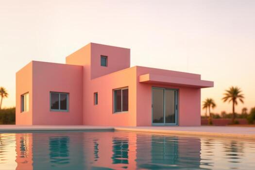 Modern Pink House with Clean Angular Design Reflected in a Calm Pool at Sunset, Creating a Serene and Minimalist Scene with Pastel Tones photo