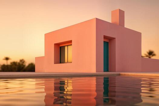 Pink house reflecting in a pool at sunset with a minimalist design and a serene atmosphere under a warm sky with palm trees in the background photo