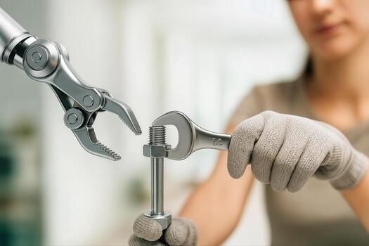 Robotic Arm Assists Human Technician Indoors, Demonstrating Precision in Mechanical Assembly With Gloves and Wrench in a Bright, Clean Workspace photo