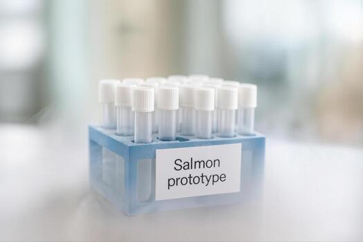 Cryo Vials Containing Salmon DNA Prototypes Arranged in a Blue Rack on a Lab Table with a Soft Focus Background and Natural Light photo