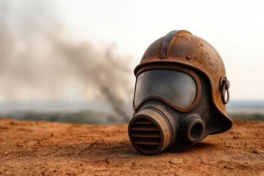 A Rusty Gas Mask Lying on Barren Soil with Smoke Filling the Background, Suggesting a Post Apocalyptic Setting in Natural Light photo