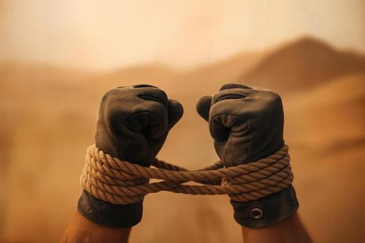 Sandstorm Blowing Through a Desert with Tied Gloved Fists Raised Against a Blurred Background, Capturing the Gritty Atmosphere of Harsh Conditions photo
