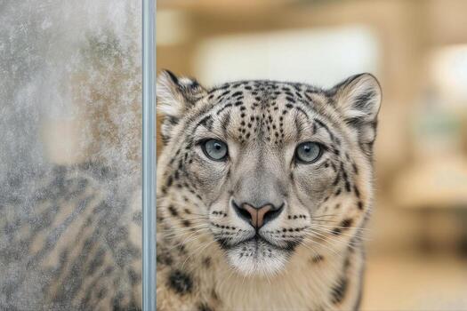Snow Leopard Closeup Indoors as It Stares Intently Through a Glass Barrier with a Blurred Background Creating an Intimate and Captivating Scene photo