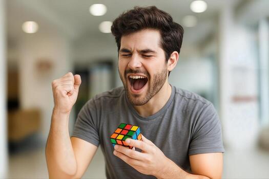 A Man Celebrates Solving A Rubik's Cube Puzzle Indoors, Displaying Joyful Expressions With Light Streaming Through A Modern Living Space photo