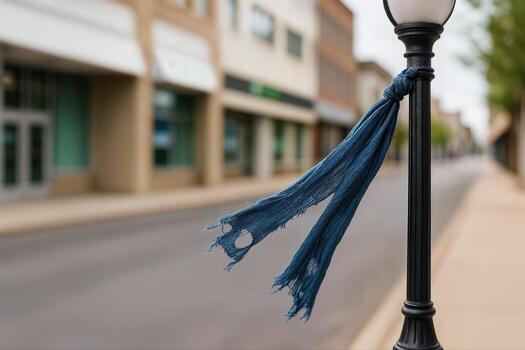 Tattered Scarf Hanging on a Lamppost Along an Empty Urban Street with a Row of Closed Storefronts in the Background, Captured With Shallow Depth of Field photo