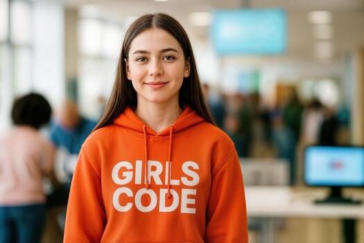 Tech Fair Enthusiast Wearing a 'Girls Code' Sweatshirt Indoors with a Blurred Background of People and Computers in a Bright, Modern Venue photo