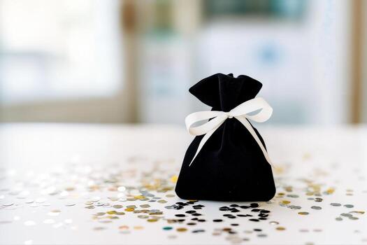 terciopelo bolsa rodeado por dispersado oro y plata papel picado en un blanco superficie en suave atención adentro con un ligero antecedentes foto