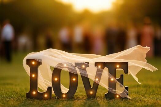 Event Featuring Weathered LOVE Marquee Sign On Grass During Golden Hour Creating A Romantic Ambience With Blurred Crowd In The Background photo