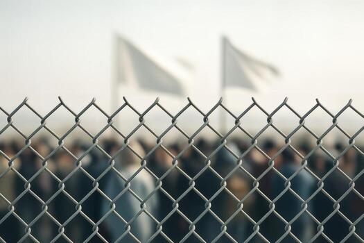 Chain Link Fence in the Foreground with Blurred Crowd and Banners in the Background During a Daytime Event With Shallow Depth of Field photo