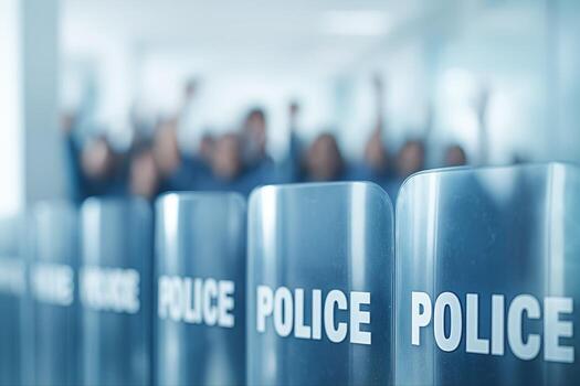 Police Shields Lined Up Indoor With Blurred Crowd In Background During Daytime Creating A Tense And Focused Scene With Shallow Depth Of Field photo